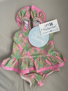 Classic Whimsy Girls' Pink Tropical Ruffle One-Piece Swimsuit - UPF50